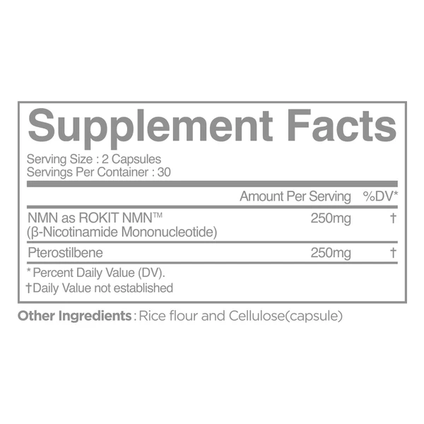 영문 성분표, NMN 250mg과 Pterostilbene 250mg, 1회분 2캡슐, 30회분 표기